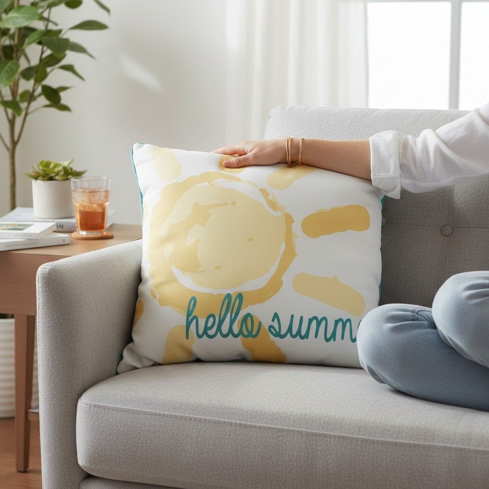 Thro Marlo Lorenz Hello Summer Outdoor Pillow 20x20 Yellow Teal NWOT Sun